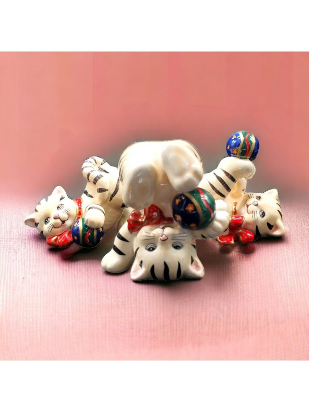 Trio Of Playful Kittens Playing with Circus Balls Porcelain Figurines Vtg